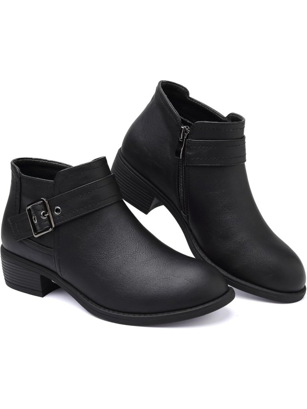 Women's Black Ankle Boots Low Heel Booties Buckle Round Toe Fall Boots Side Zip